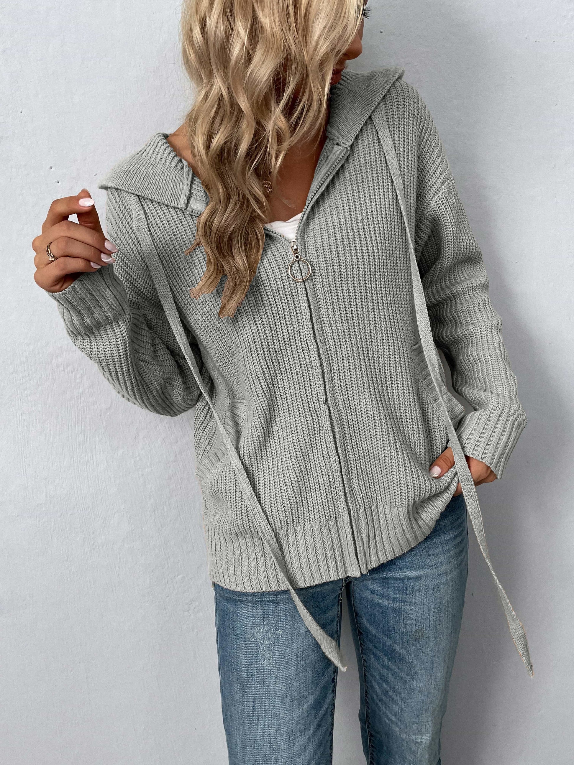 Zip-Up Drawstring Detail Hooded Cardigan - Women’s Clothing & Accessories - Shirts & Tops - 12 - 2024