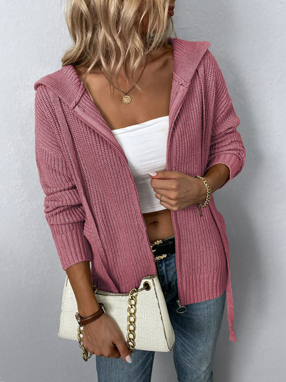 Zip-Up Drawstring Detail Hooded Cardigan - Pink / S - Women’s Clothing & Accessories - Shirts & Tops - 5 - 2024
