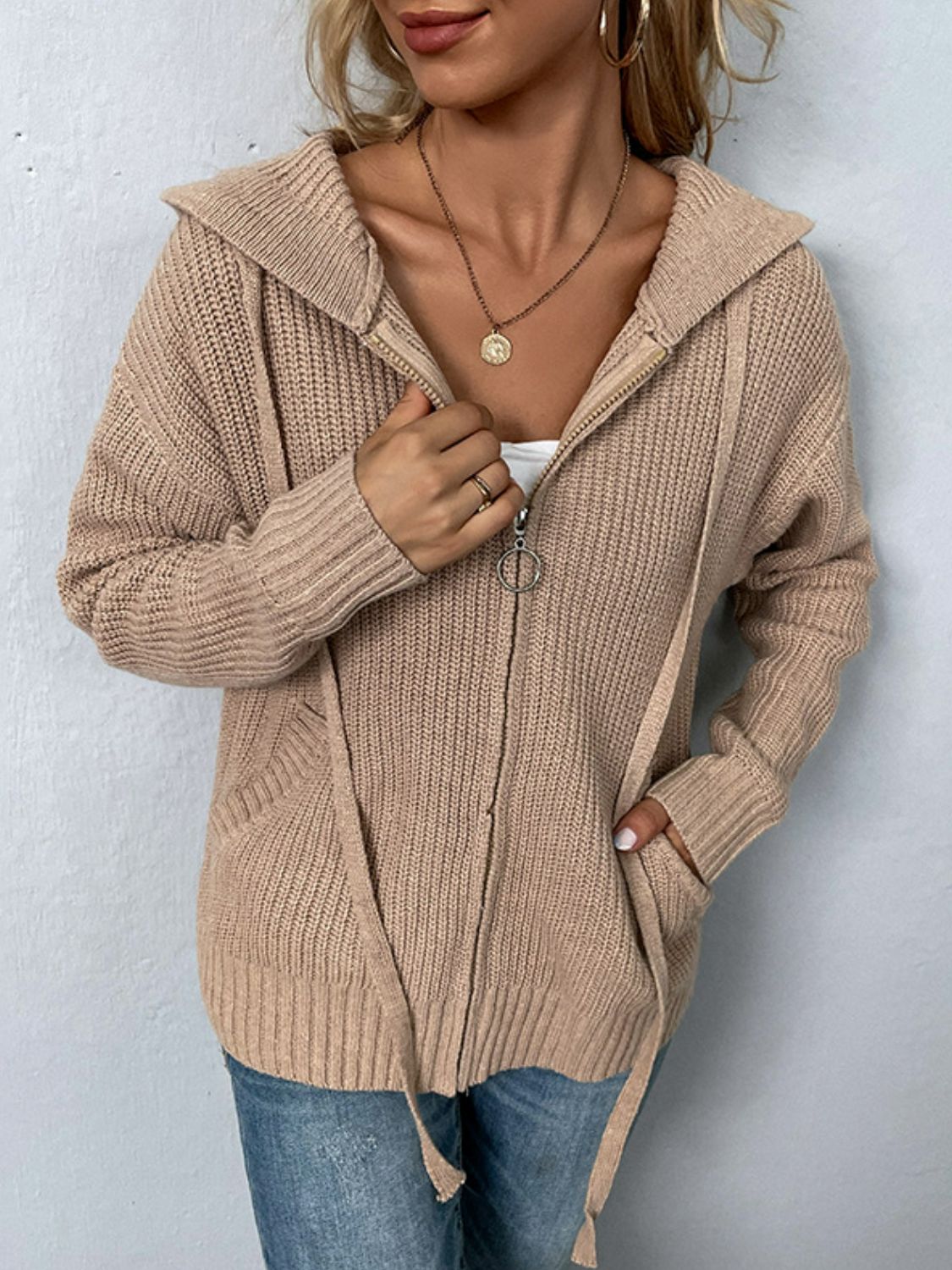 Zip-Up Drawstring Detail Hooded Cardigan - Women’s Clothing & Accessories - Shirts & Tops - 3 - 2024