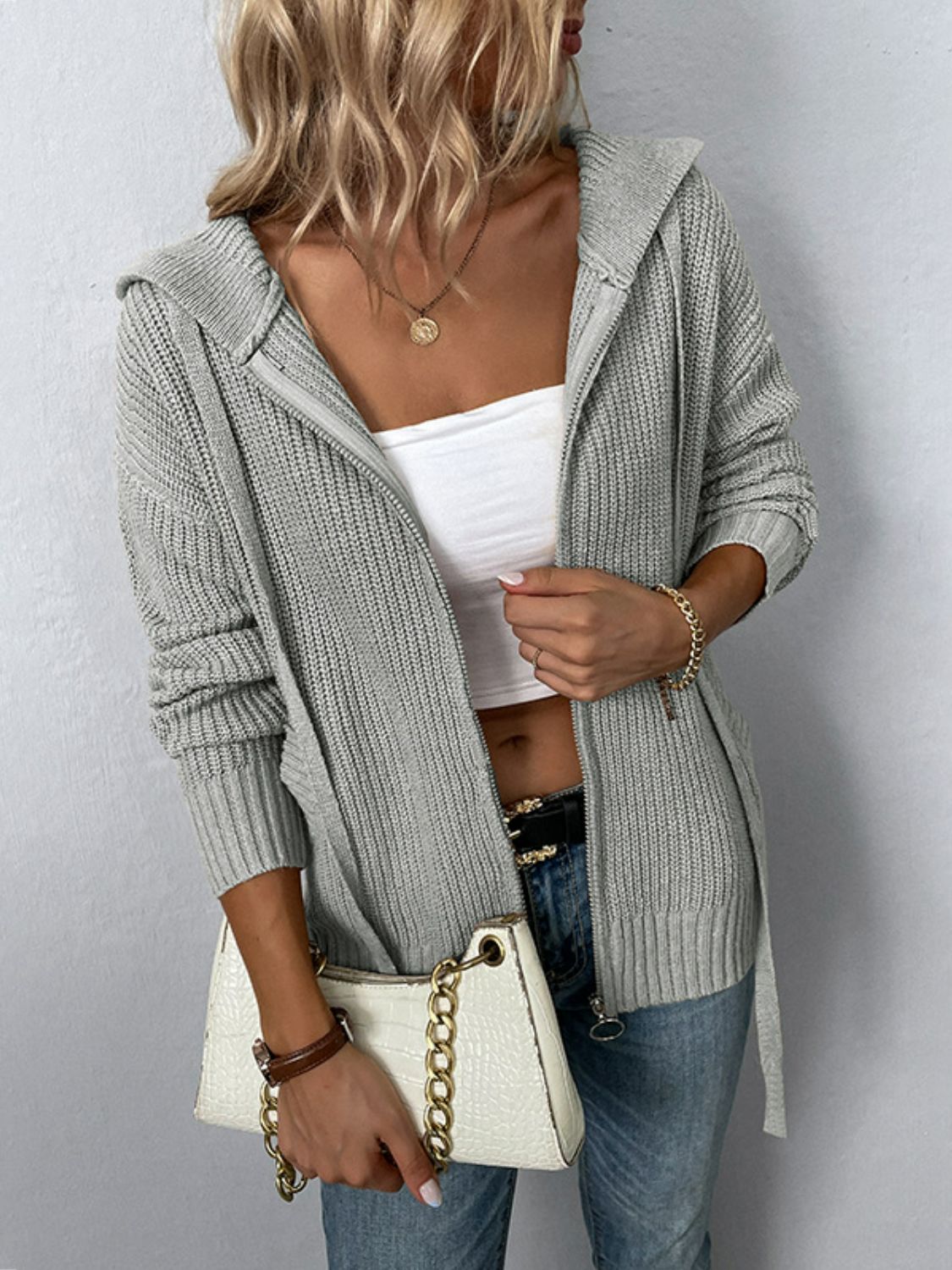 Zip-Up Drawstring Detail Hooded Cardigan - Gray / S - Women’s Clothing & Accessories - Shirts & Tops - 11 - 2024