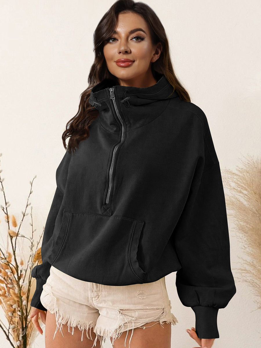 Zip-Up Dropped Shoulder Hoodie - Black / S - Women’s Clothing & Accessories - Coats & Jackets - 4 - 2024