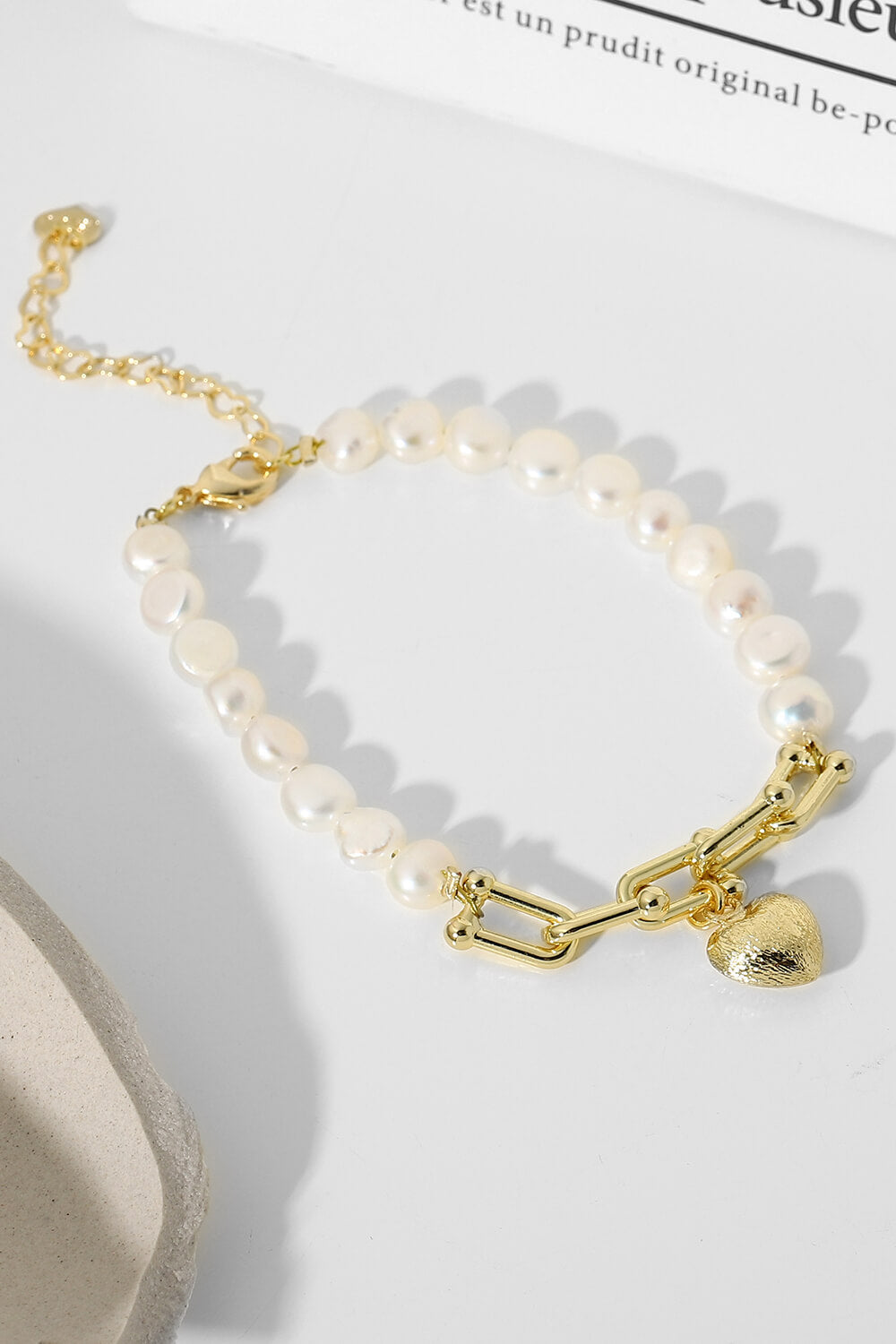 14K Gold Plated Heart Charm Pearl Bracelet - Gold / One Size - Women’s Jewelry - Bracelets - 3 - 2024