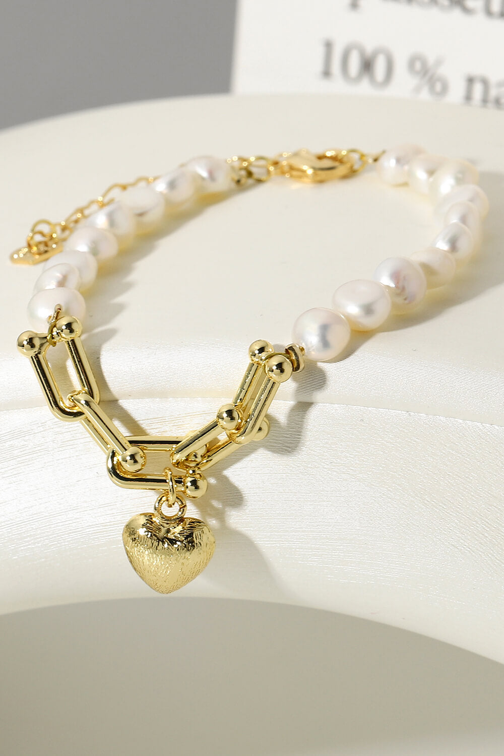14K Gold Plated Heart Charm Pearl Bracelet - Gold / One Size - Women’s Jewelry - Bracelets - 5 - 2024