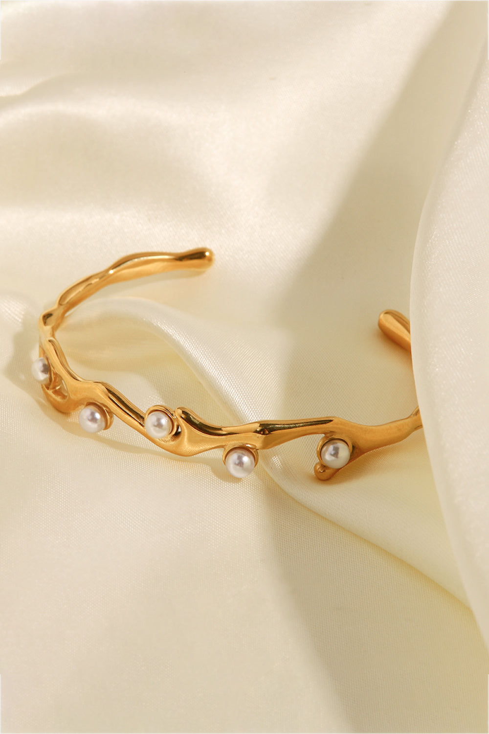 Inlaid Synthetic Pearl Open Bracelet - Gold / One Size - Women’s Jewelry - Bracelets - 3 - 2024