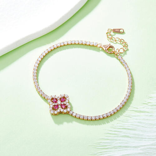 Lab-Grown Ruby 925 Sterling Silver Flower Shape Bracelet - Deep Rose / One Size - Women’s Jewelry - Bracelets - 2 - 2024