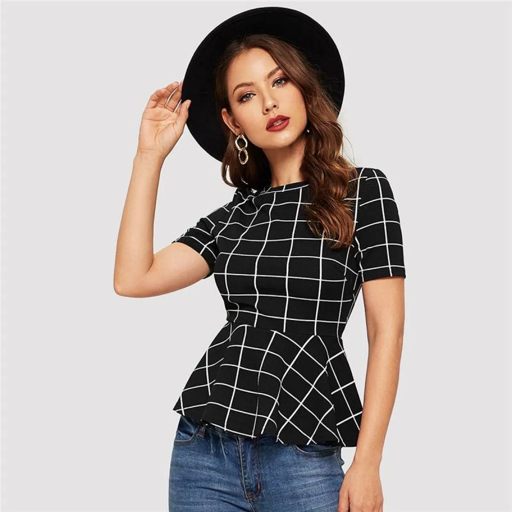Women’s Plaid Design Black Blouse - Women’s Clothing & Accessories - 1