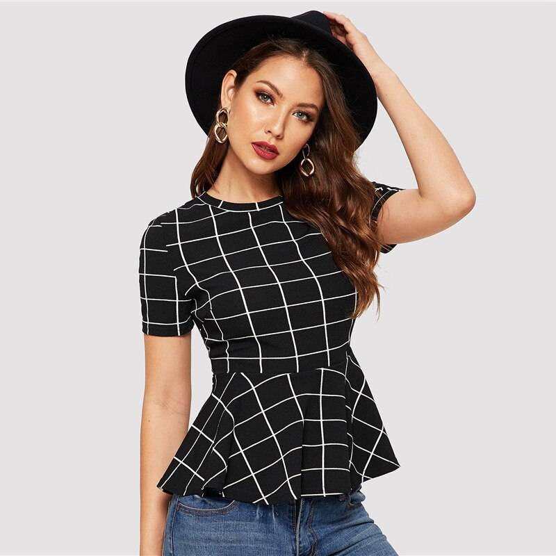 Women’s Plaid Design Black Blouse - Women’s Clothing & Accessories - Shirts & Tops - 4 - 2024