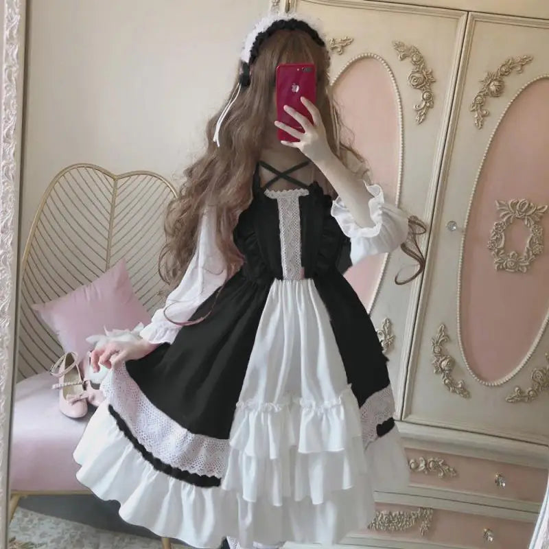 Alice in Wonderland Lolita Dress – Harajuku Fairycore Long Sleeve OP with Lace Trim - White / ONE SIZE FOR 40-55KG