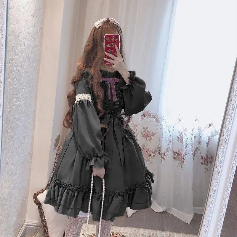 Alice in Wonderland Lolita Dress – Harajuku Fairycore Long Sleeve OP with Lace Trim - Black / ONE SIZE FOR 40-55KG