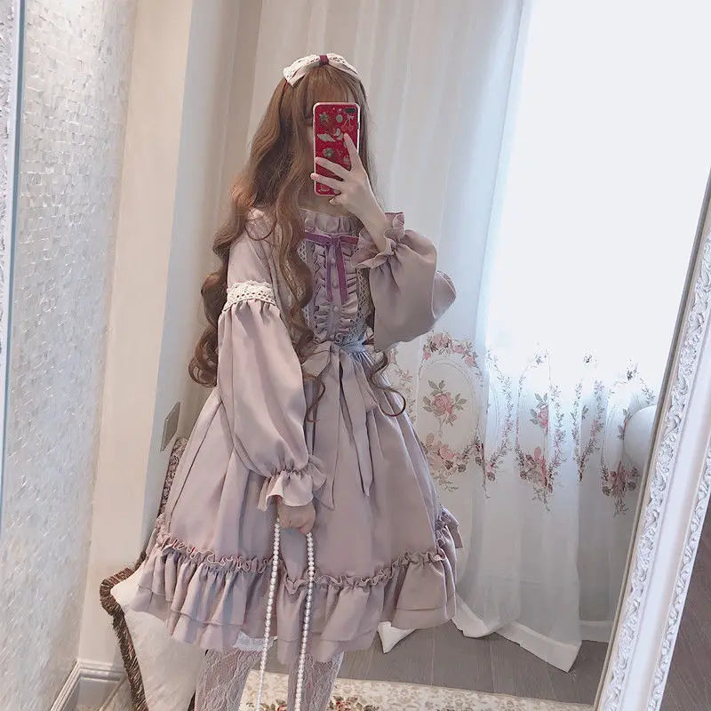 Alice in Wonderland Lolita Dress – Harajuku Fairycore Long Sleeve OP with Lace Trim - Purple / ONE SIZE FOR 40-55KG