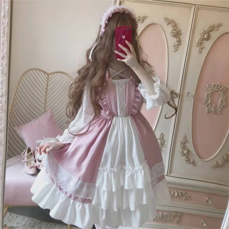 Alice in Wonderland Lolita Dress – Harajuku Fairycore Long Sleeve OP with Lace Trim - All Dresses - Dance Dresses