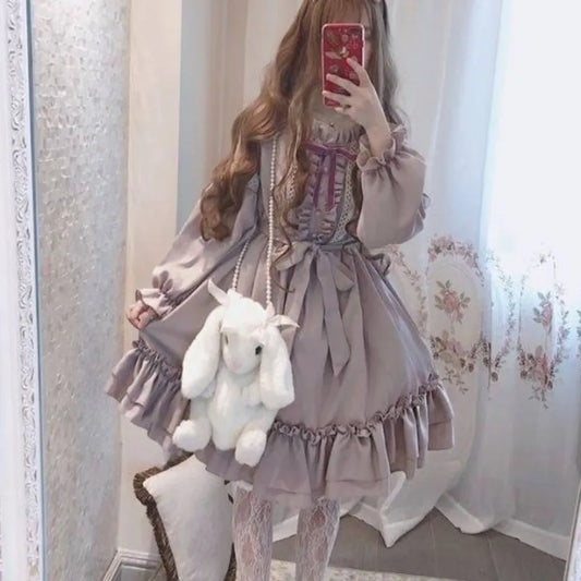 Alice in Wonderland Lolita Dress – Harajuku Fairycore Long Sleeve OP with Lace Trim - All Dresses - Dance Dresses