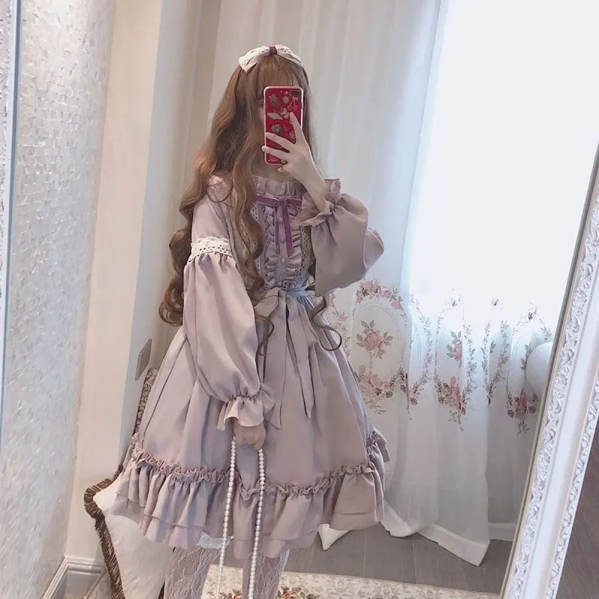 Alice in Wonderland Lolita Dress – Harajuku Fairycore Long Sleeve OP with Lace Trim - All Dresses - Long - Lolita Dress