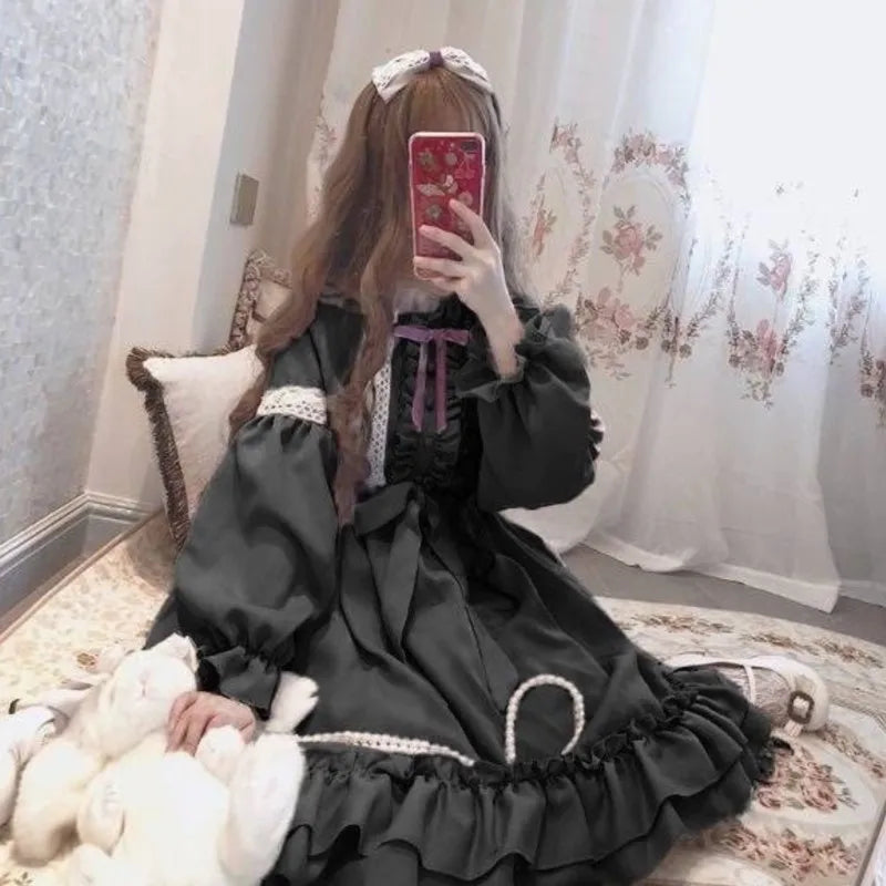 Alice in Wonderland Lolita Dress – Harajuku Fairycore Long Sleeve OP with Lace Trim - All Dresses - Dance Dresses