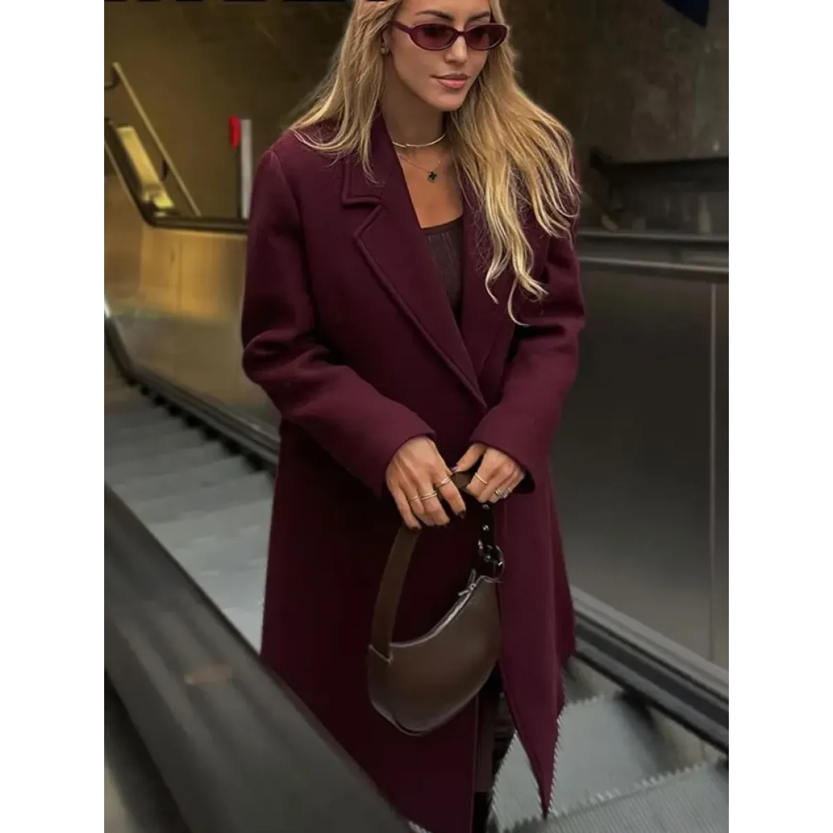 Burgundy Double-Breasted Long Wool Blend Coat - Best Sellers - Coat - 3