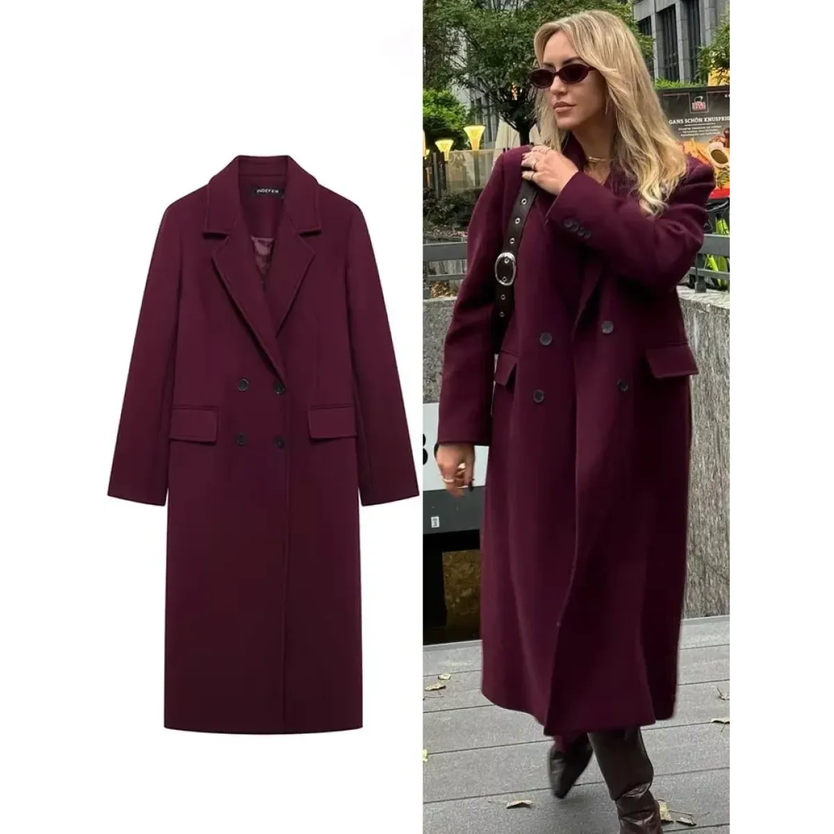 Burgundy Double-Breasted Long Wool Blend Coat - Best Sellers - Coat - 1
