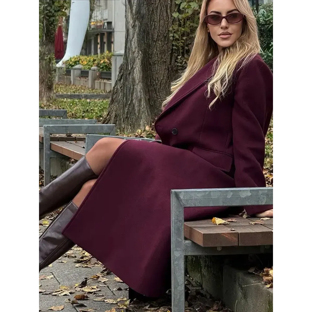 Burgundy Double-Breasted Long Wool Blend Coat - Best Sellers - Coat - 4