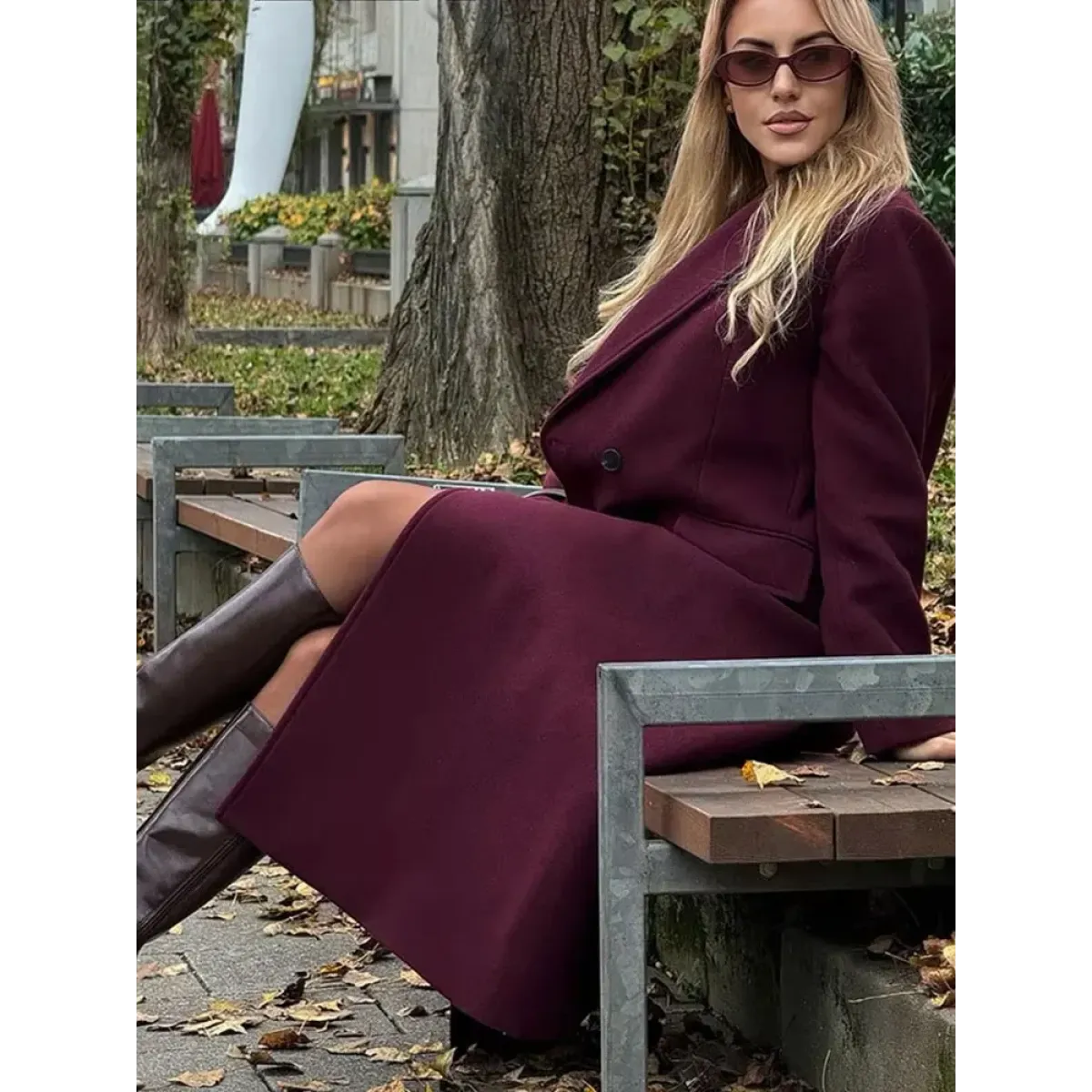 Burgundy Double-Breasted Long Wool Blend Coat - Best Sellers - Coat - 4