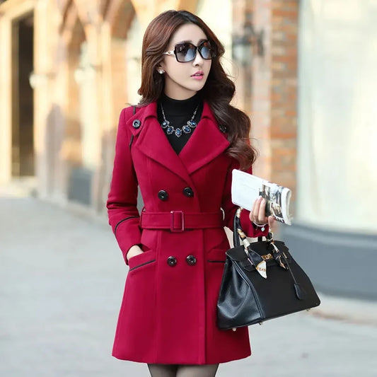 Slim Fit Double-Breasted Wool Coat with Belt - Women’s Clothing & Accessories - Coat - 1