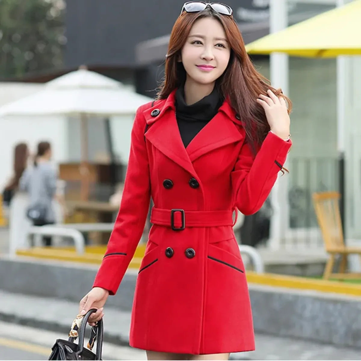 Slim Fit Double-Breasted Wool Coat with Belt - Women’s Clothing & Accessories - Coat - 5