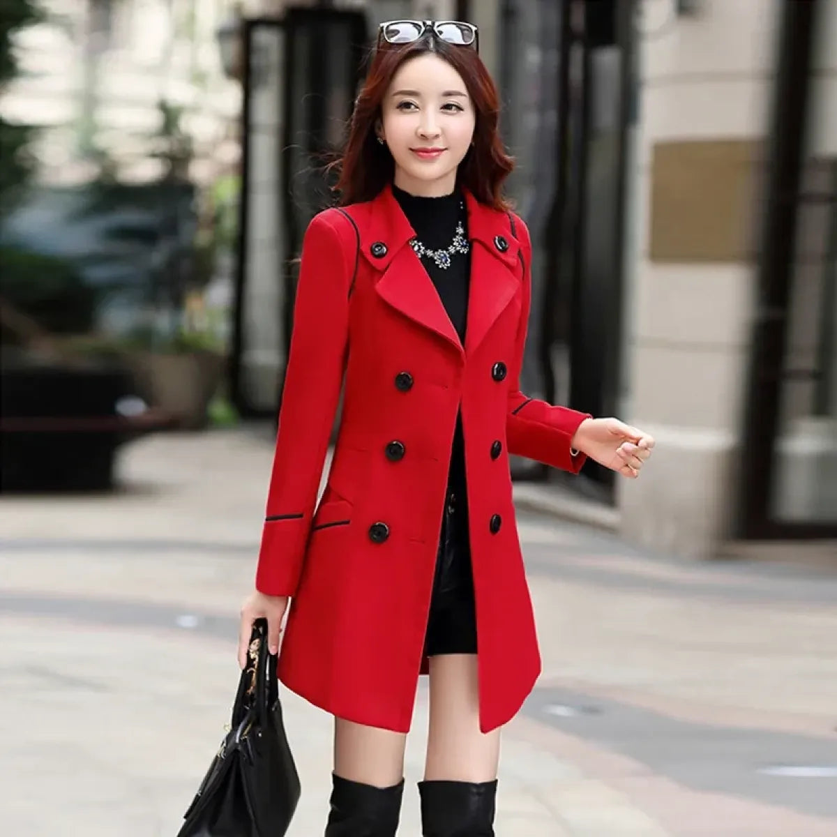 Slim Fit Double-Breasted Wool Coat with Belt - Women’s Clothing & Accessories - Coat - 4