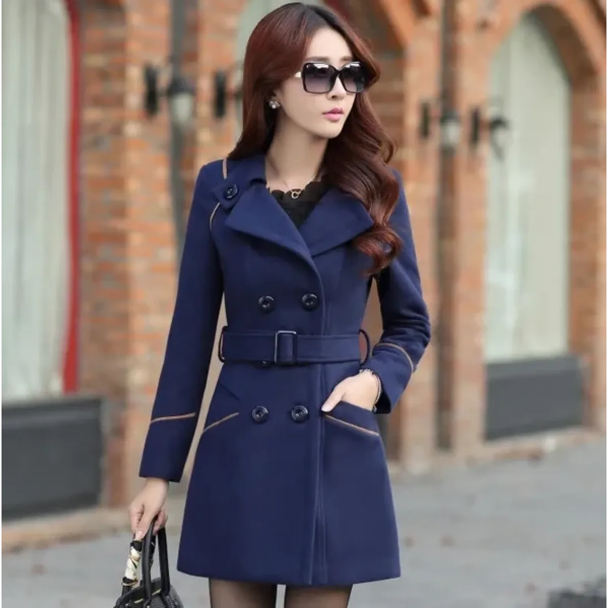 Slim Fit Double-Breasted Wool Coat with Belt - Women’s Clothing & Accessories - Coat - 9