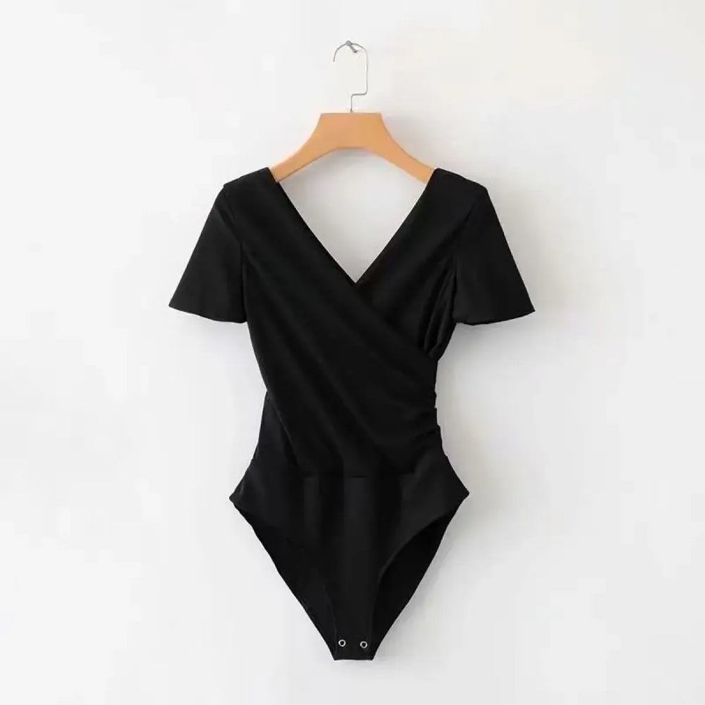 V-Neck Short Sleeve Wrap Bodysuit - Women’s Clothing & Accessories - Intimates - 1