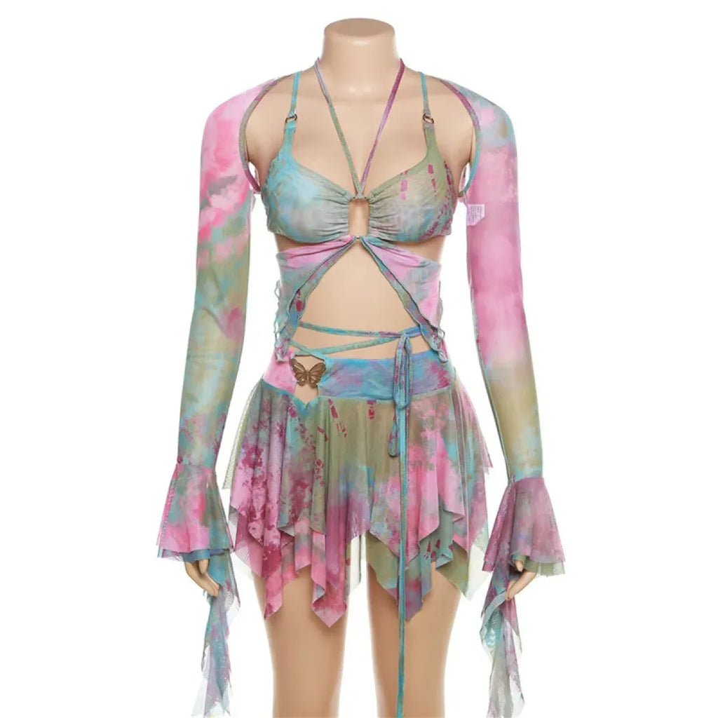 Tie-Dye Fairy Set – Butterfly Crop Top & Wrap Mini Skirt - Bottoms - Sets - 23