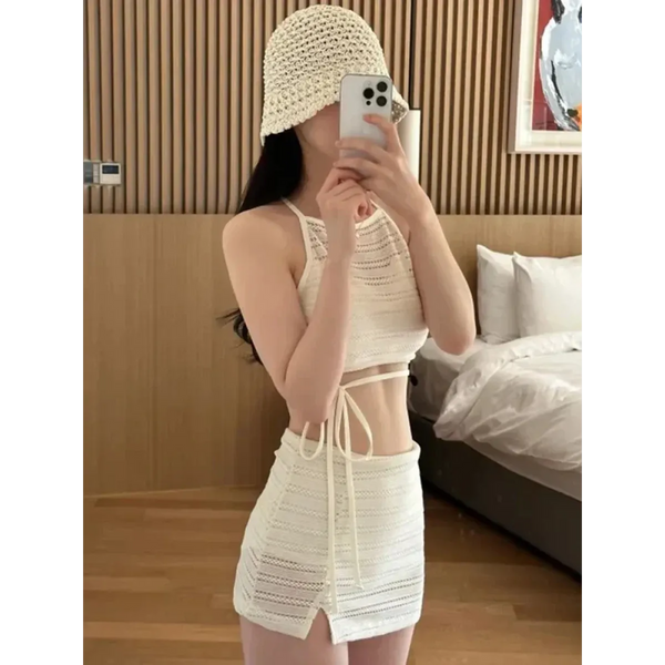 Korean Lace Mesh Bikini Set with Wrap Skirt - Bottoms - Swimsuits - 1