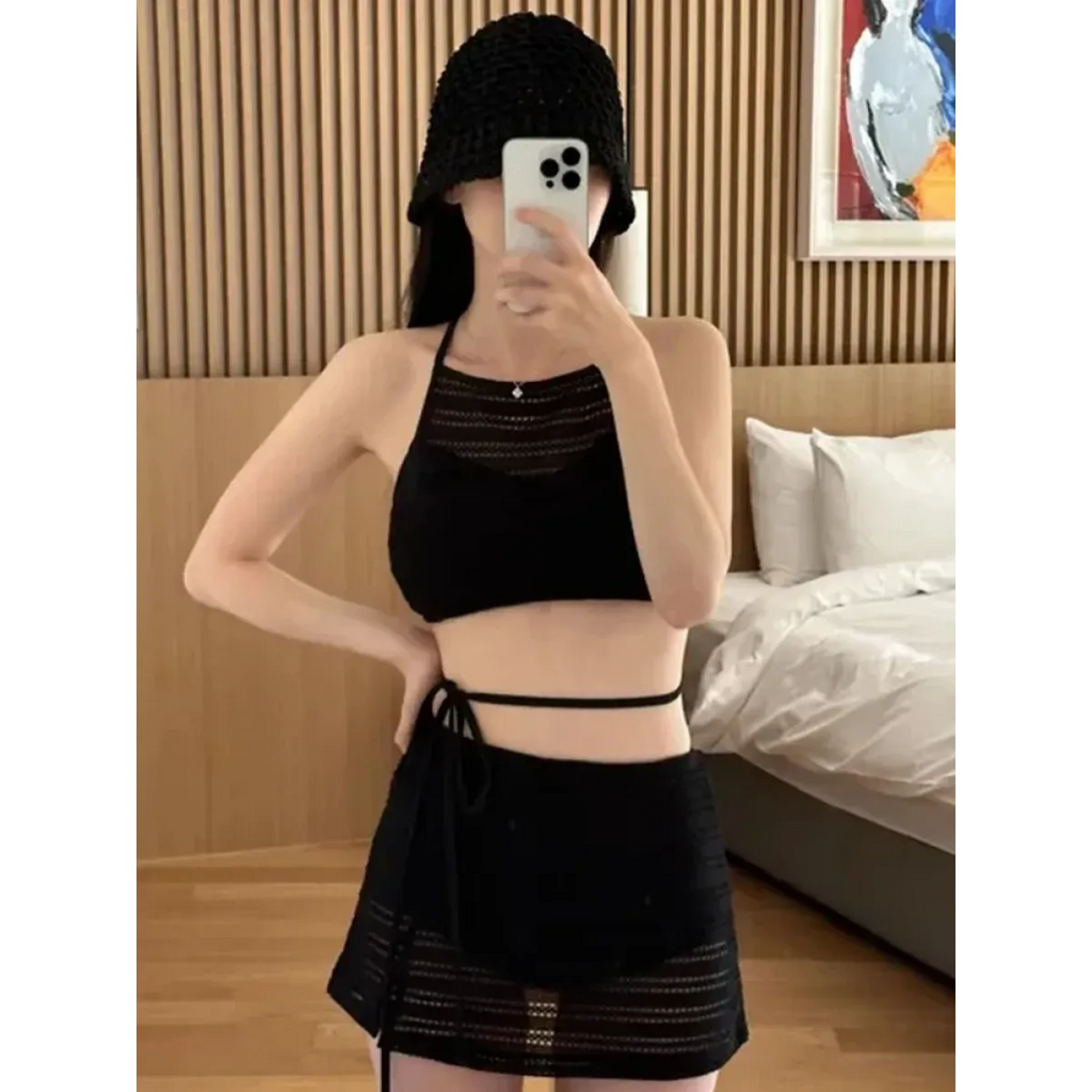 Korean Lace Mesh Bikini Set with Wrap Skirt - Bottoms - Swimsuits - 5