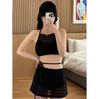 Korean Lace Mesh Bikini Set with Wrap Skirt - Bottoms - Swimsuits - 5