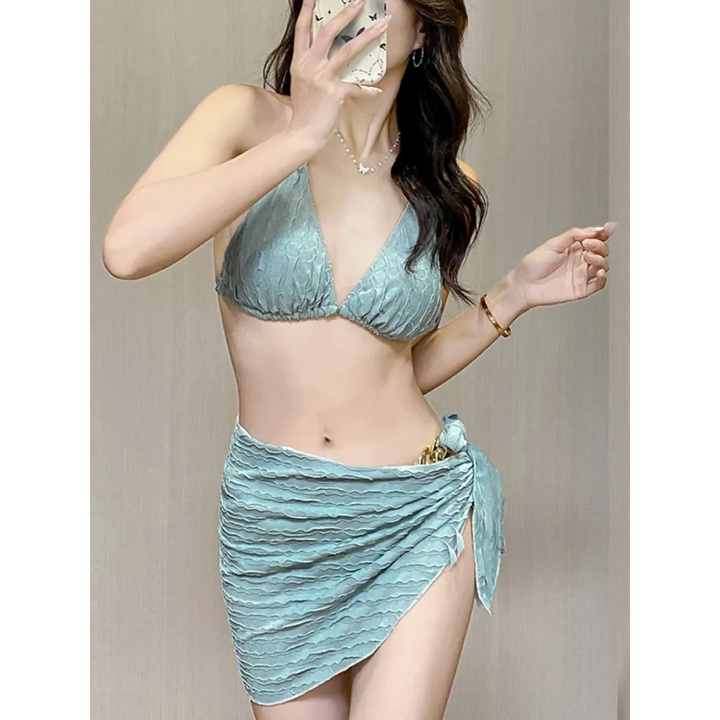 Metal Accent Lace-Up Bikini Set with Wrap Skirt - Bottoms - Swimsuits - 1