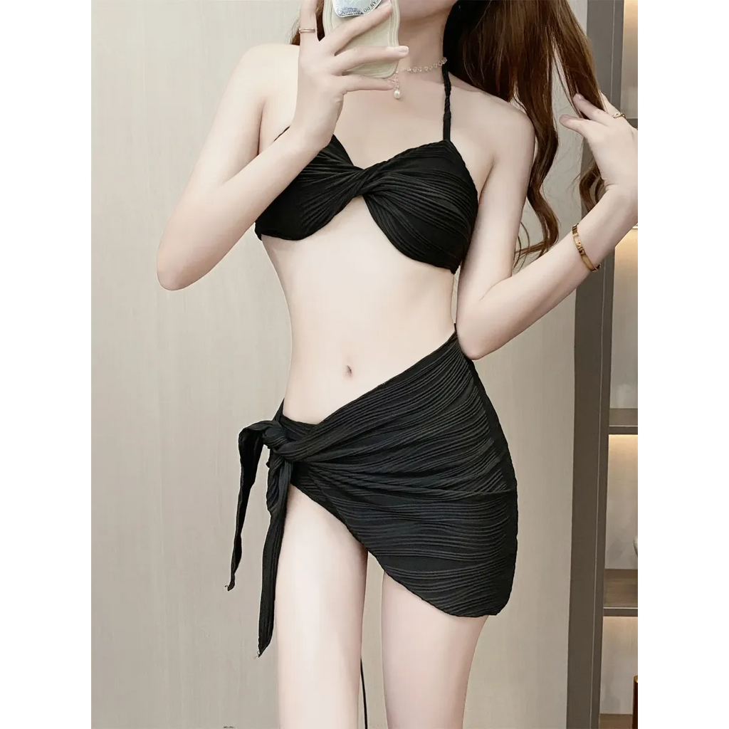 Pleated Bikini Set – Halter Top with Wrap Skirt Cover-Up - Bottoms - Swimwear - 16