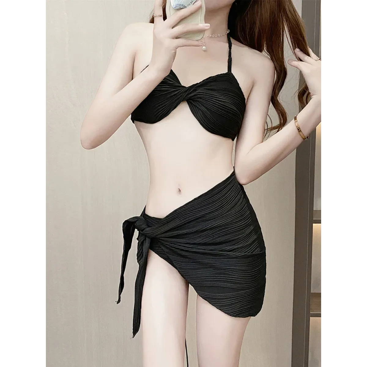 Pleated Bikini Set – Halter Top with Wrap Skirt Cover-Up - Bottoms - Swimwear - 18