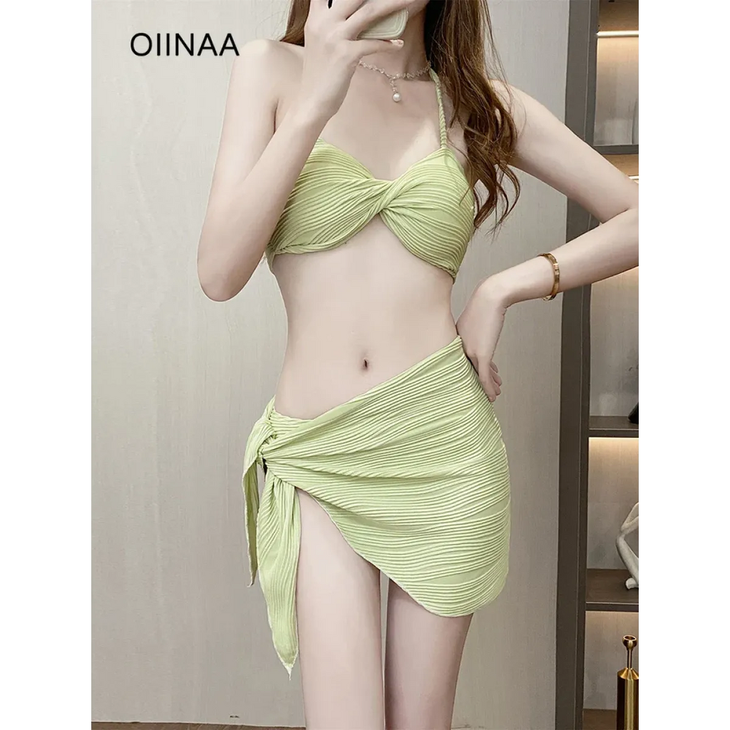 Pleated Bikini Set – Halter Top with Wrap Skirt Cover-Up - Bottoms - Swimwear - 2