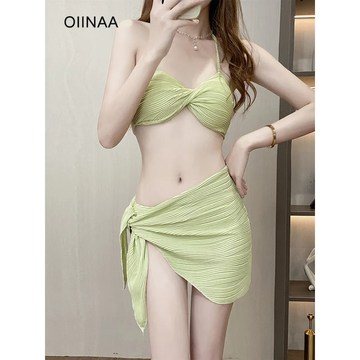 Pleated Bikini Set – Halter Top with Wrap Skirt Cover-Up - Bottoms - Swimwear - 2