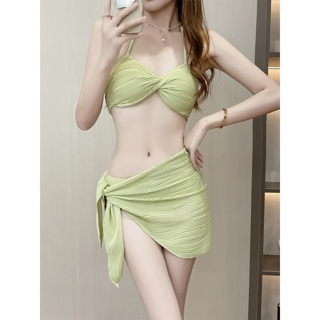 Pleated Bikini Set – Halter Top with Wrap Skirt Cover-Up - Bottoms - Swimwear - 9