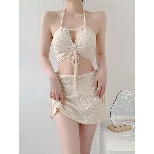 Lace-Up Halter Bikini Set with Wrap Skirt – 3 Piece - Bottoms - Swimwear - 2