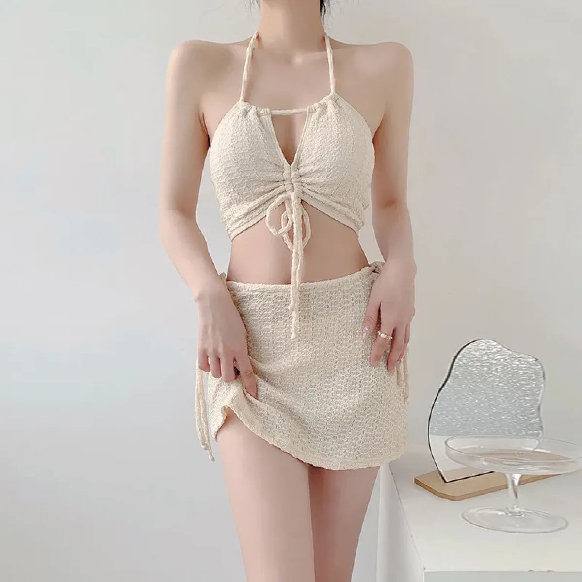 Lace-Up Halter Bikini Set with Wrap Skirt – 3 Piece - Bottoms - Swimwear - 7