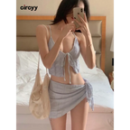 Lavender Low Cut Bikini Set – Halter Lace Up with Wrap Skirt Cover-Up - Bottoms - Swimwear - 2