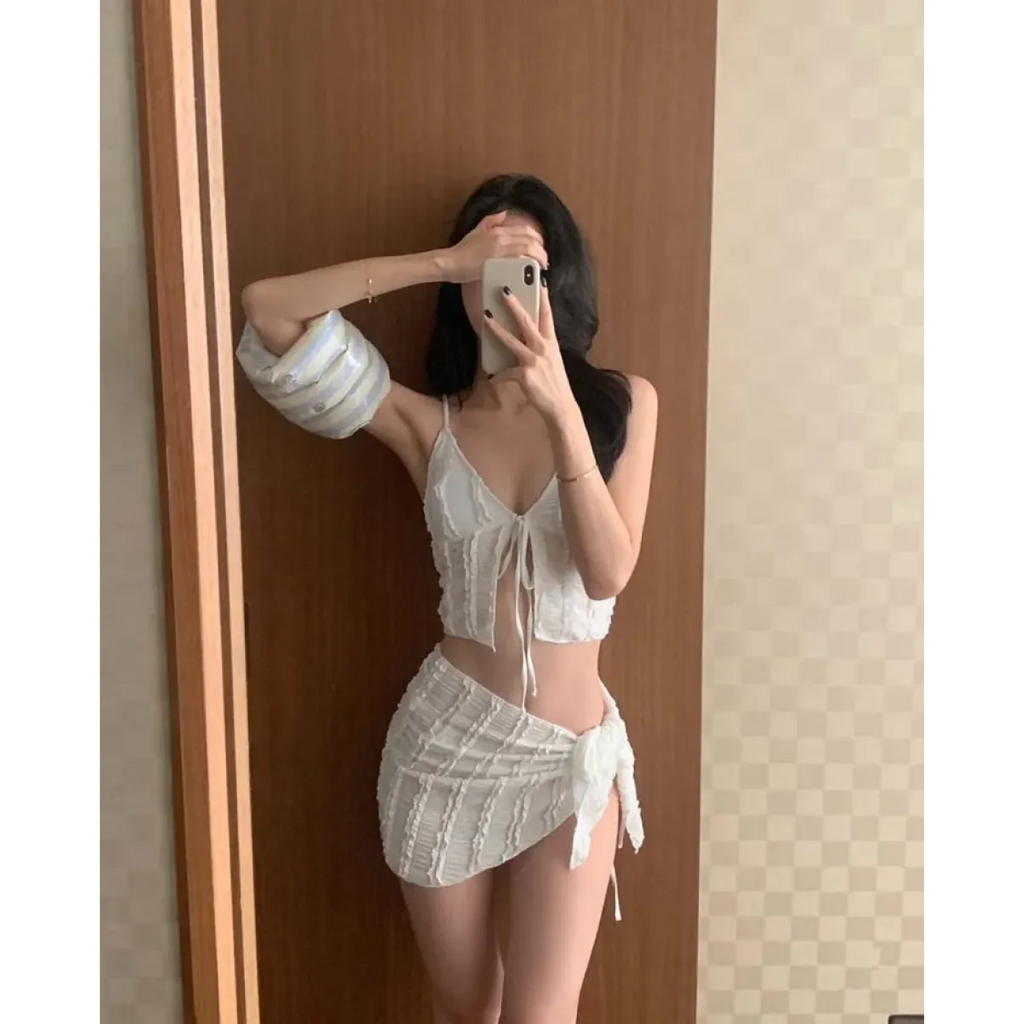 Lavender Low Cut Bikini Set – Halter Lace Up with Wrap Skirt Cover-Up - Bottoms - Swimwear - 11