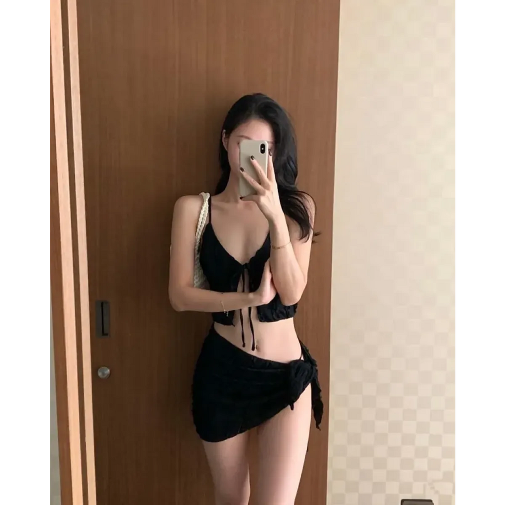 Lavender Low Cut Bikini Set – Halter Lace Up with Wrap Skirt Cover-Up - Bottoms - Swimwear - 14