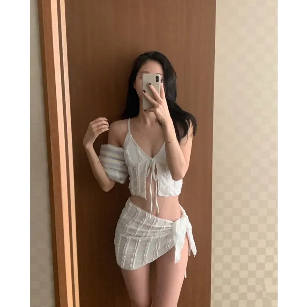 Lavender Low Cut Bikini Set – Halter Lace Up with Wrap Skirt Cover-Up - Bottoms - Swimwear - 12