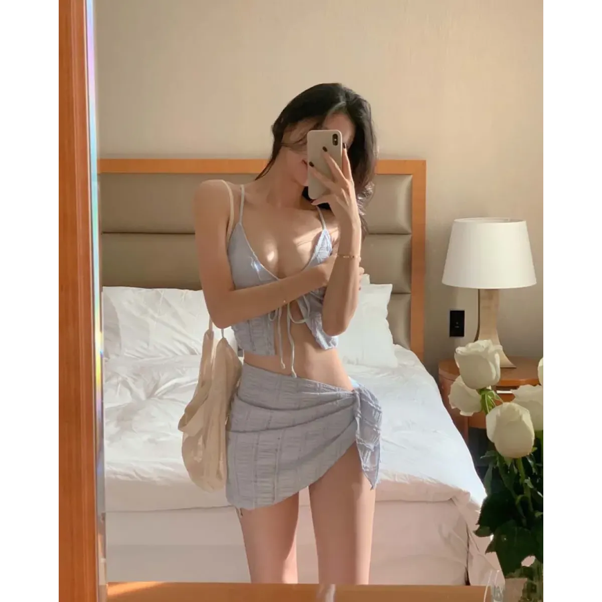 Lavender Low Cut Bikini Set – Halter Lace Up with Wrap Skirt Cover-Up - Bottoms - Swimwear - 10