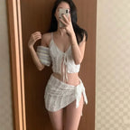 Lavender Low Cut Bikini Set – Halter Lace Up with Wrap Skirt Cover-Up - Bottoms - Swimwear - 19