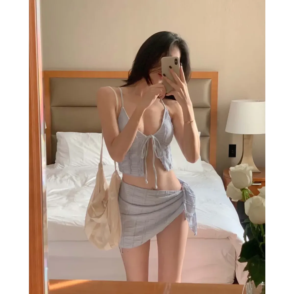 Lavender Low Cut Bikini Set – Halter Lace Up with Wrap Skirt Cover-Up - Bottoms - Swimwear - 8