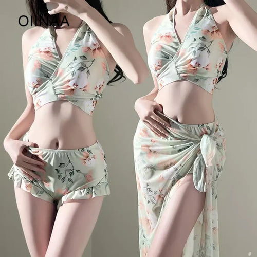 Floral Halter Bikini Set – Ruffled Mesh Wrap Skirt Swimwear - Bottoms - Swimwear - 2