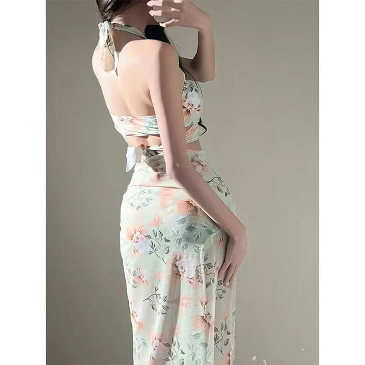 Floral Halter Bikini Set – Ruffled Mesh Wrap Skirt Swimwear - Bottoms - Swimwear - 4