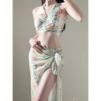 Floral Halter Bikini Set – Ruffled Mesh Wrap Skirt Swimwear - Bottoms - Swimwear - 12