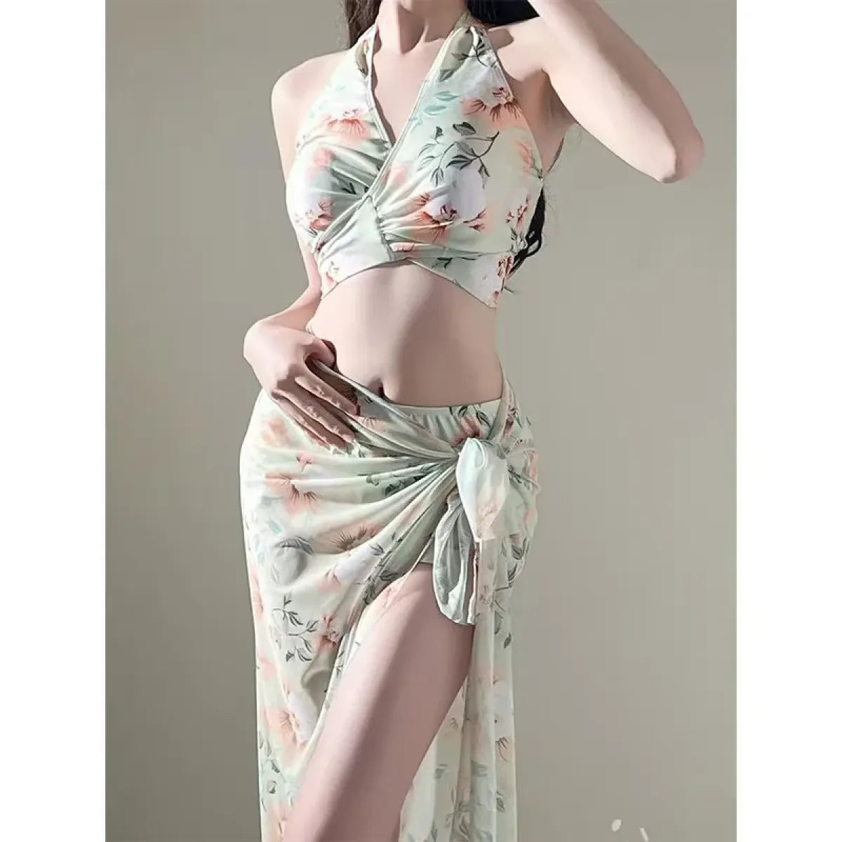 Floral Halter Bikini Set – Ruffled Mesh Wrap Skirt Swimwear - Bottoms - Swimwear - 12